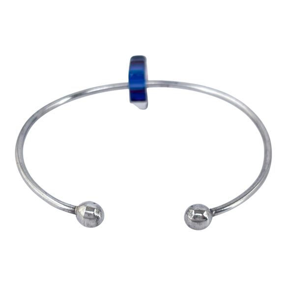 Ball Tip Cuff Bracelet | Purple Glass Charm | Vintage Sterling Silver 925 | 6.5" - Picture 6 of 11